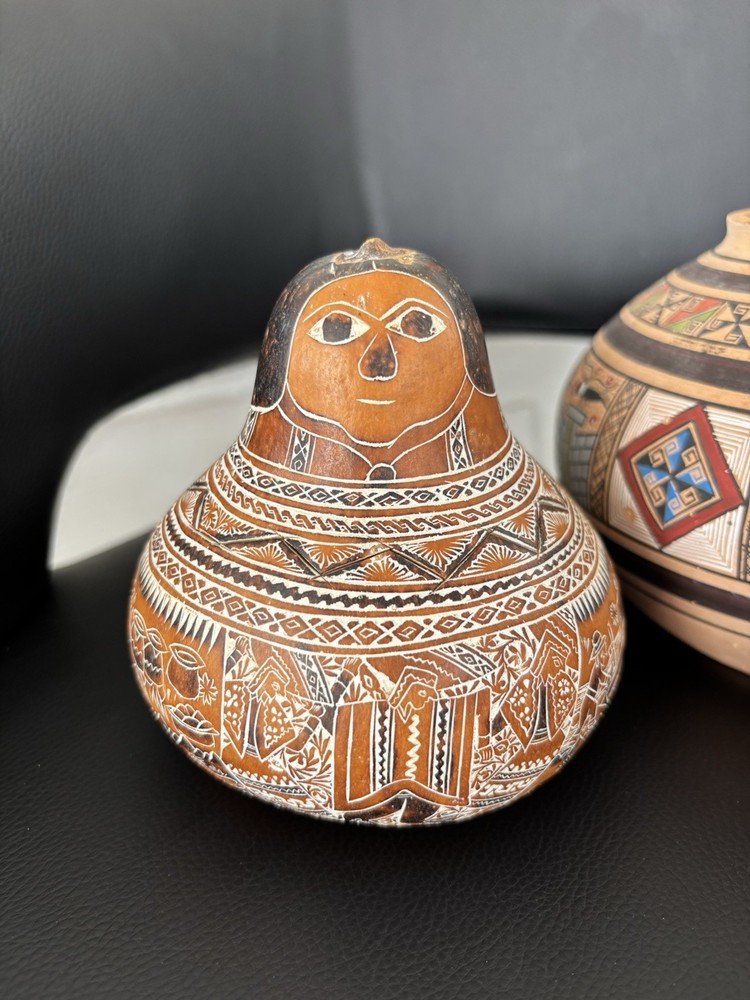 Peruvian Style Pottery & Etched Gourd Decor Bundle Signed Leoncio Veli