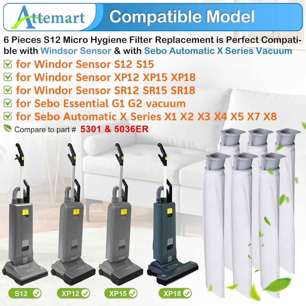 6pcs SR12 Microfilter for Sebo Automatic X Essential G1 G2 Filters Replacement