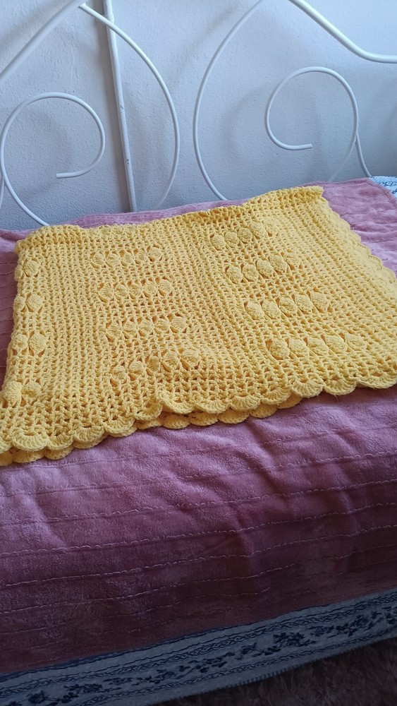Handmade Crocheted Yellow Afghan Scalloped Edge
