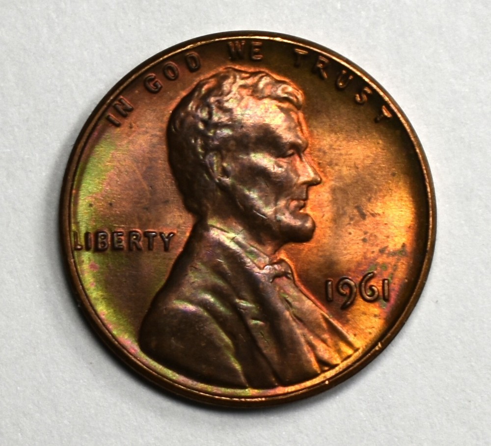 1961 Penny Red Rainbow Toning Coin MS Uncirculated