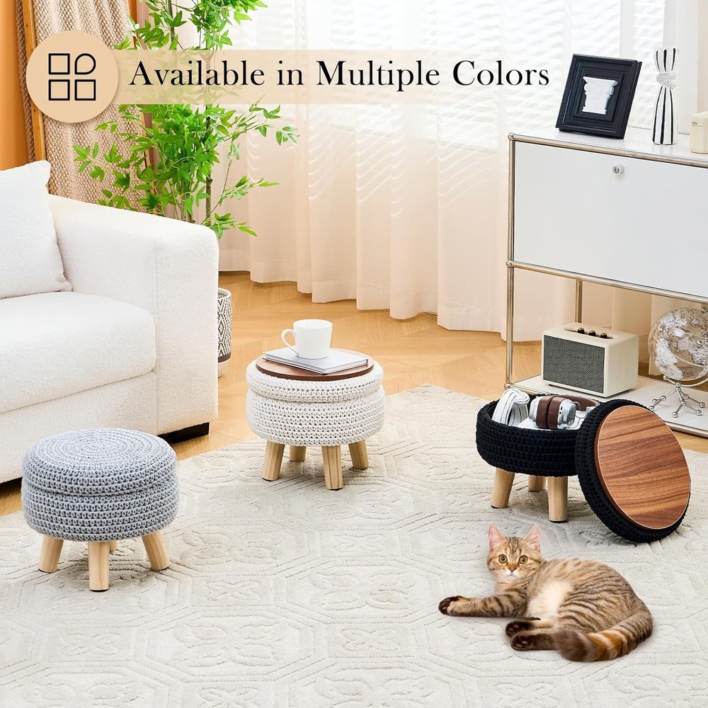 Round Storage Ottoman Foot Rest Cotton Braided Foot Stool Pouf Ottoman W/ Solid