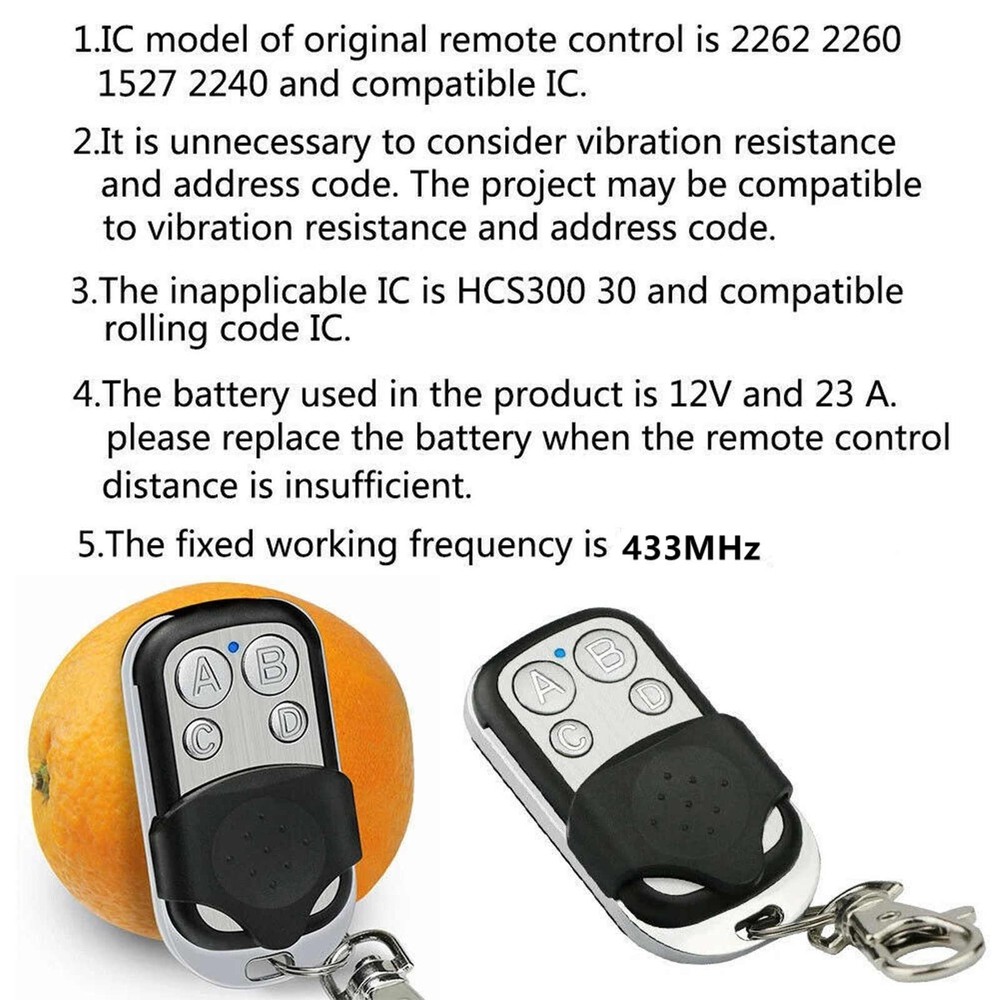 2Pcs Universal Fixed Code 4 Button Gate Garage Opener Remote Control 433 MHz