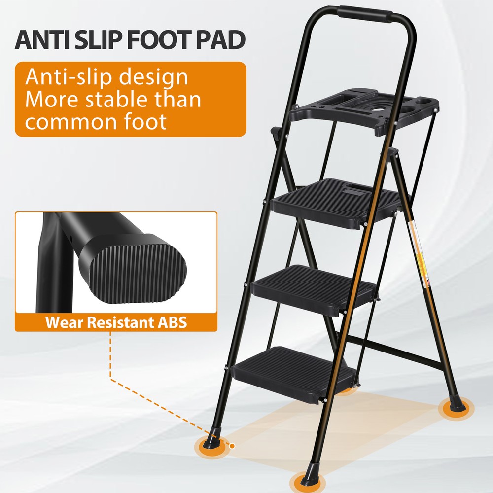 Folding Heavy Duty 330 Lbs Load 3 Step Ladder Folding Step W/ Tool Tray Black