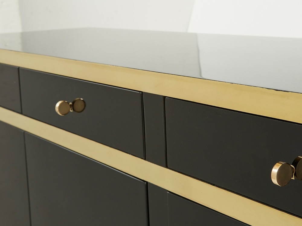 Signed J.C. Mahey brass black lacquered sideboard 1970s