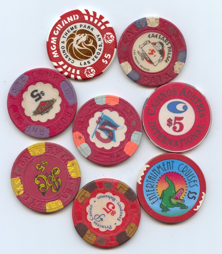 Eight Diff. $5 Casino Tokens (#7966)