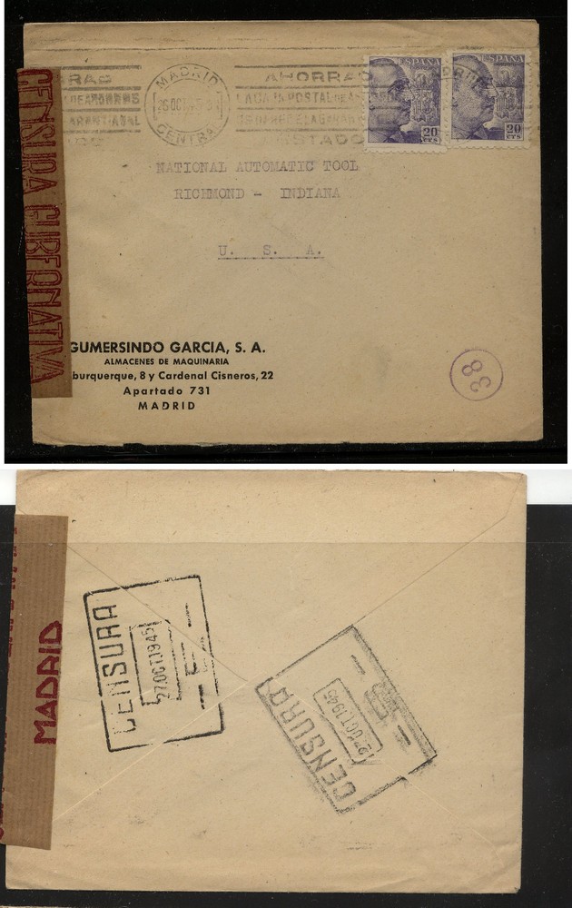 Spain  nice clean censor cover to  US   1945   KL0315