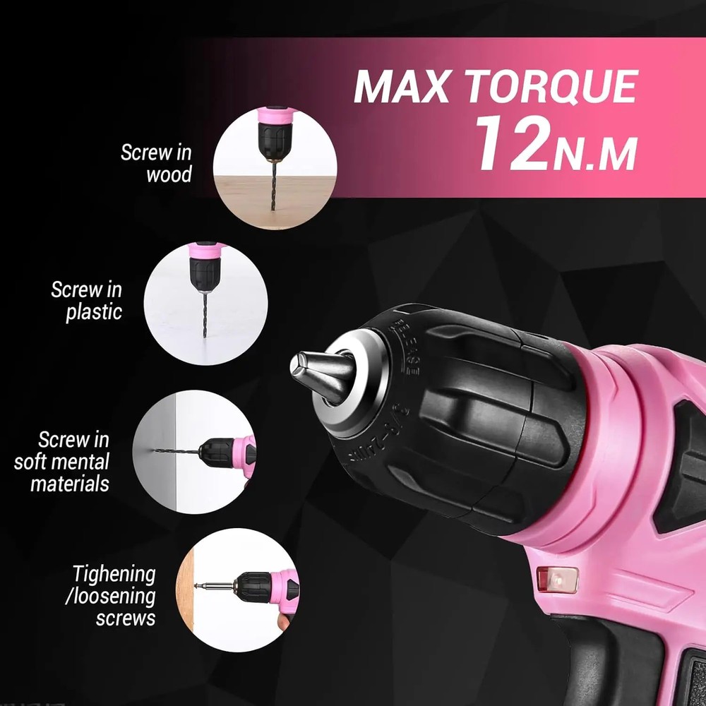 DEKO 8V Pink Cordless Drill Set 42pcs LED Light 3/8