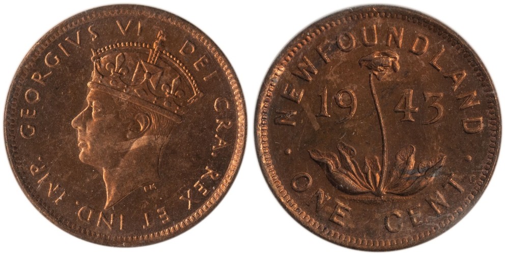 Canada. Newfoundland 1943-C Small Cent ICCS MS-64 Red! KM-18