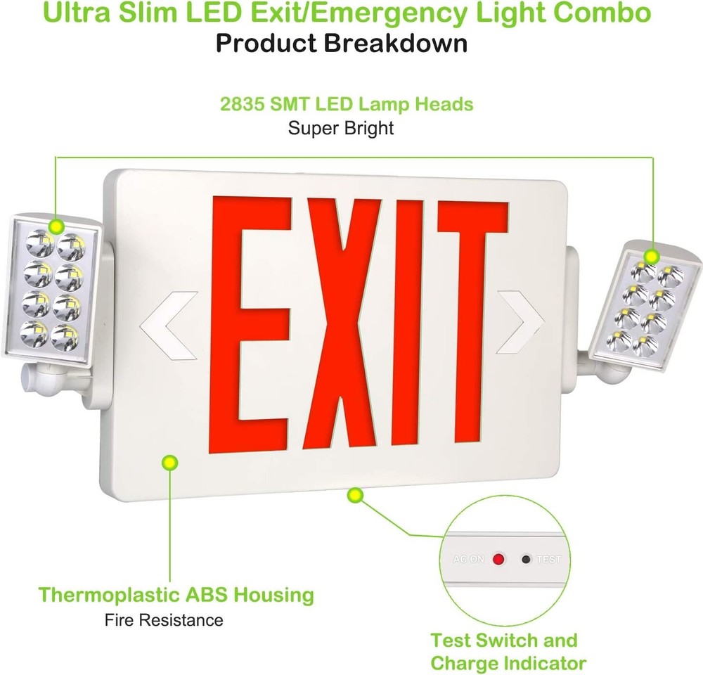 4 Pack LED Exit Sign Emergency Combo Light with Adjustable Two Head Battery UL