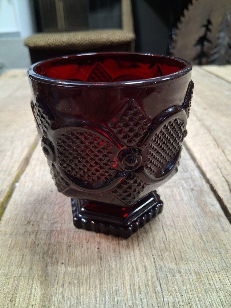 Ruby Red Pressed Glass Sugar Bowl (Open) with Button & Diamond Panels
