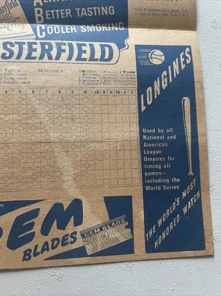 1946 NEW YORK YANKEES Program / Vs Chicago score card