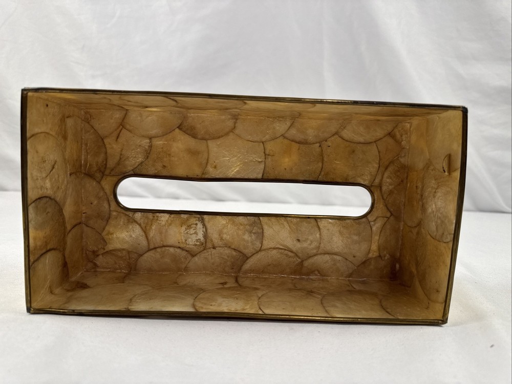 Vintage CAPIZ SHELL Brass Trim Rectangular Tissue Box Holder Cover BOHO 10"