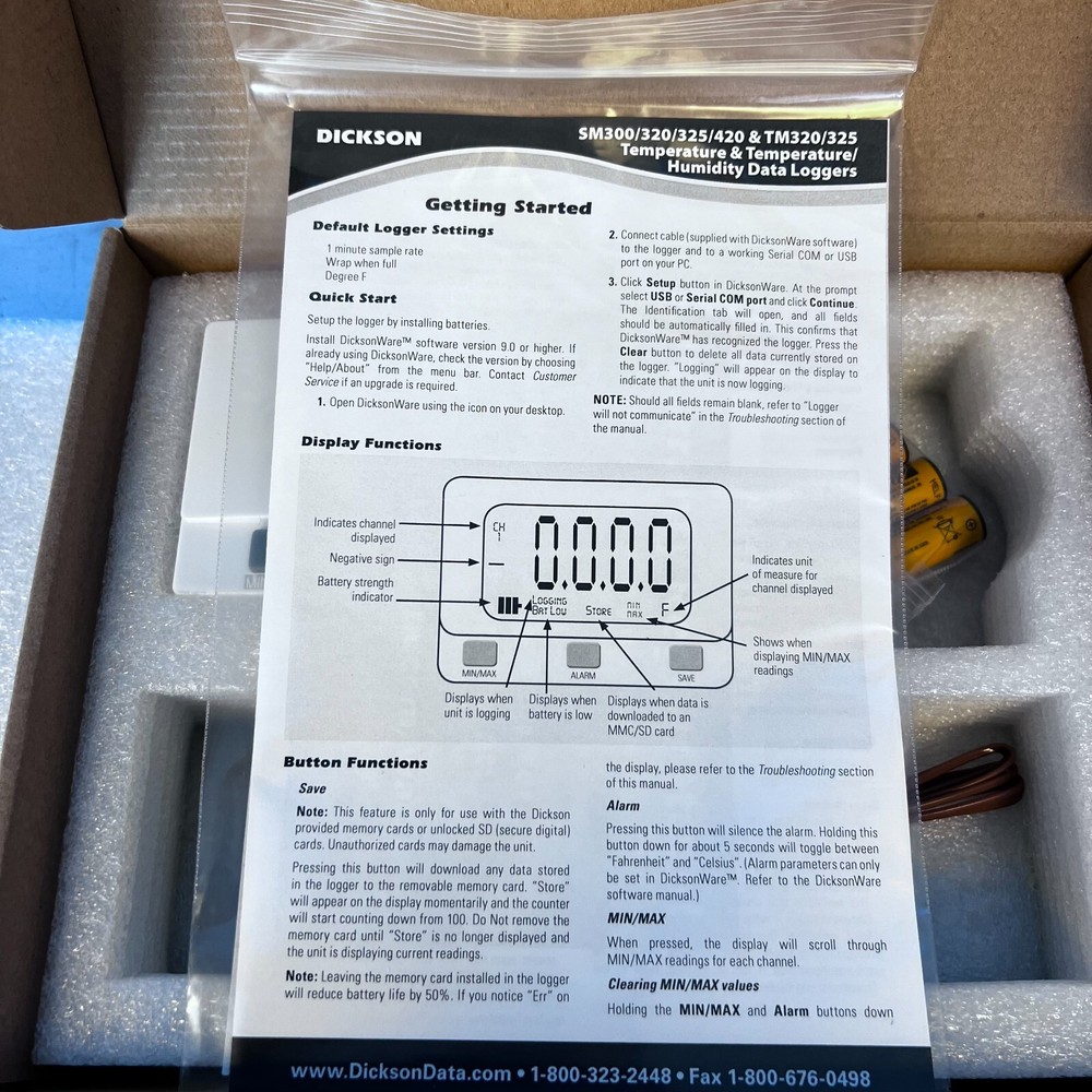 DICKSON SM325 LCD Display Temperature Data Logger -300F to 2000F, 2 type K probe