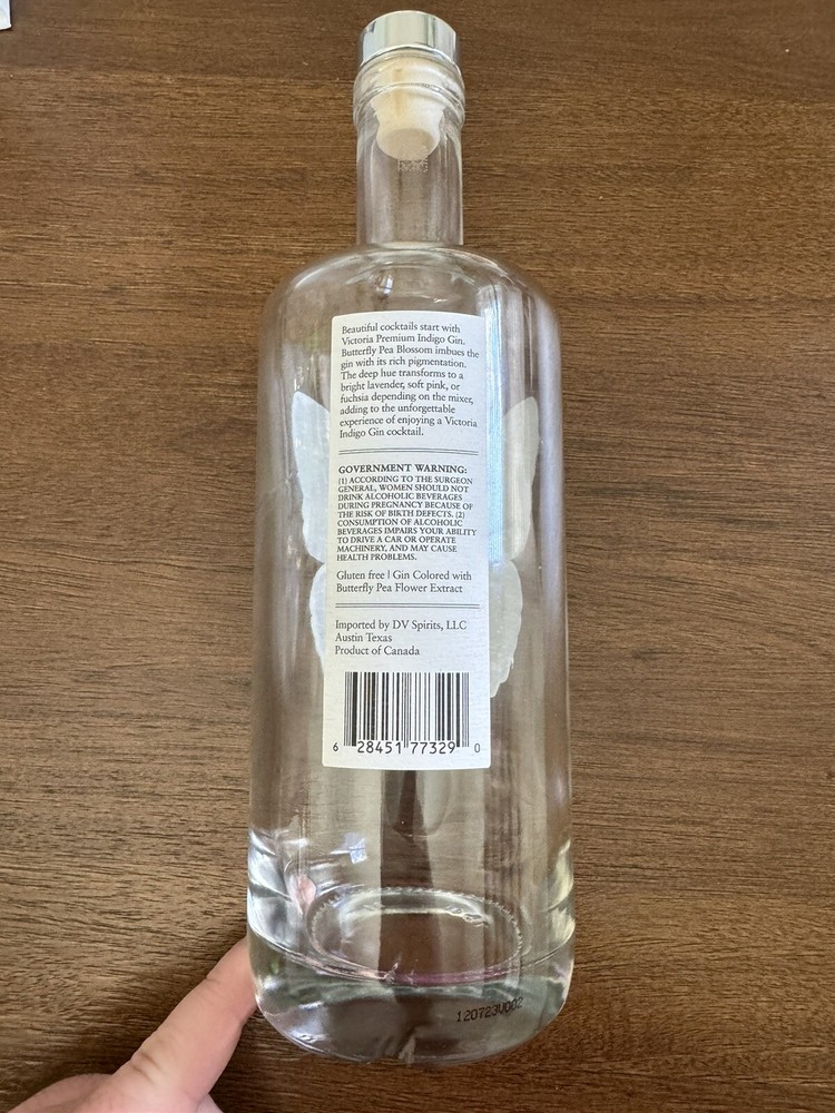 EMPTY Victoria Indigo Gin Small Batch Bottle 750 ml Canada Clear Crafts