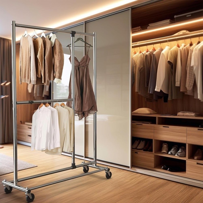 Adjustable Rolling Clothing Rack Heavy Duty Extendable Garment Storage Solution