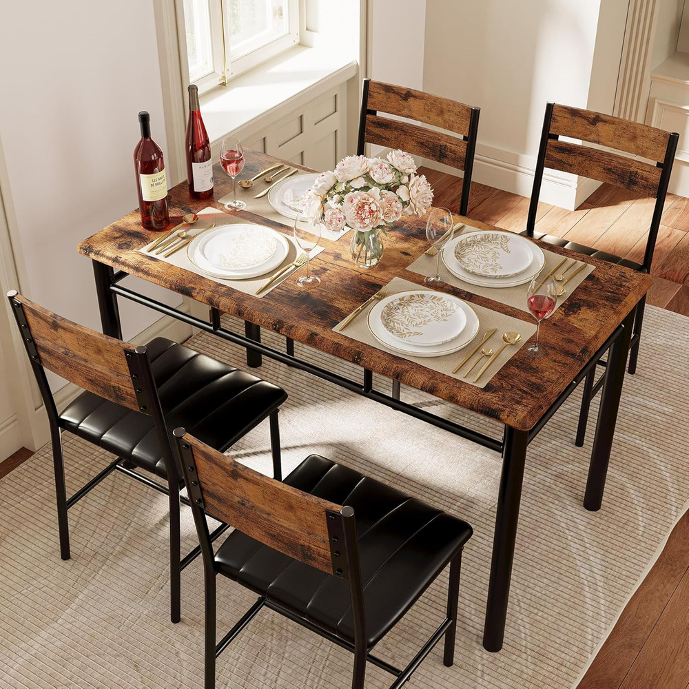 Dining Table Set for 4, Wood Kitchen Table with Upholstered Chairs for Kitchen R