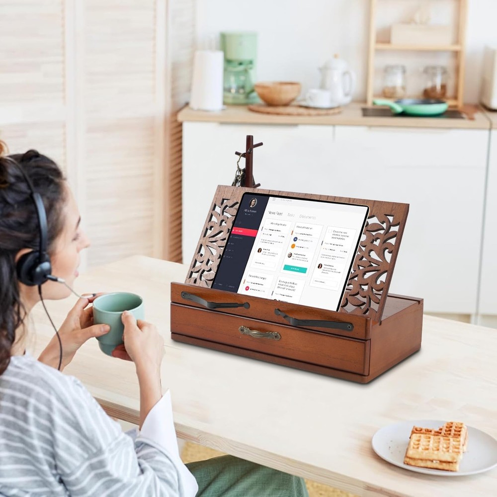 Adjustable Wooden Book Stand with Storage - Multi-Function Hands Free Book Ho...