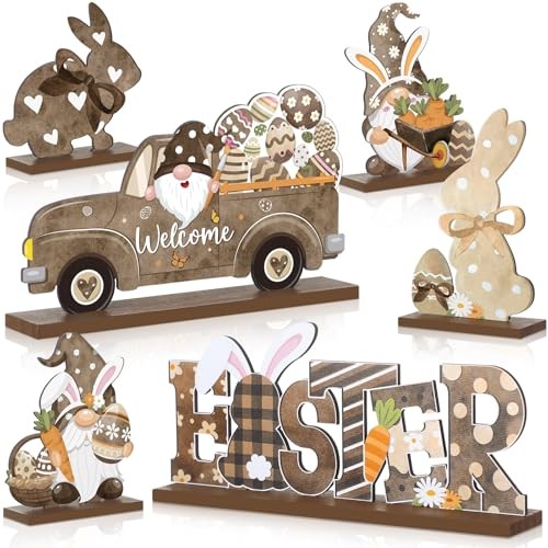 6 Pcs Easter Table Signs Wooden Rustic Happy Easter Table Centerpiece