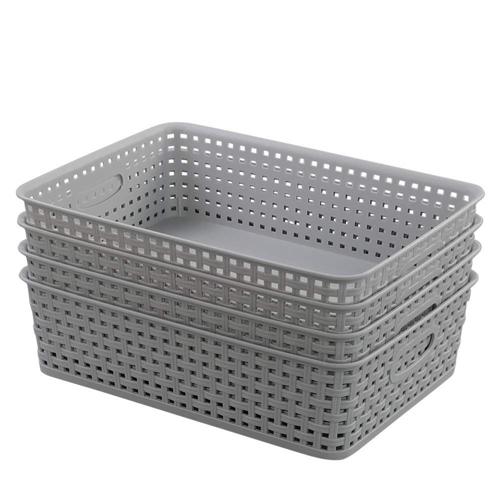 4-Pack Plastic Office Storage Baskets, A4 Basket Trays, Grey