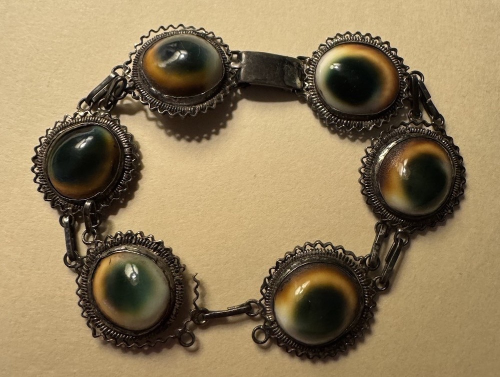 Operculum Shell Bracelet With Intricate Cannetille Scroll Work, Sterling Silver