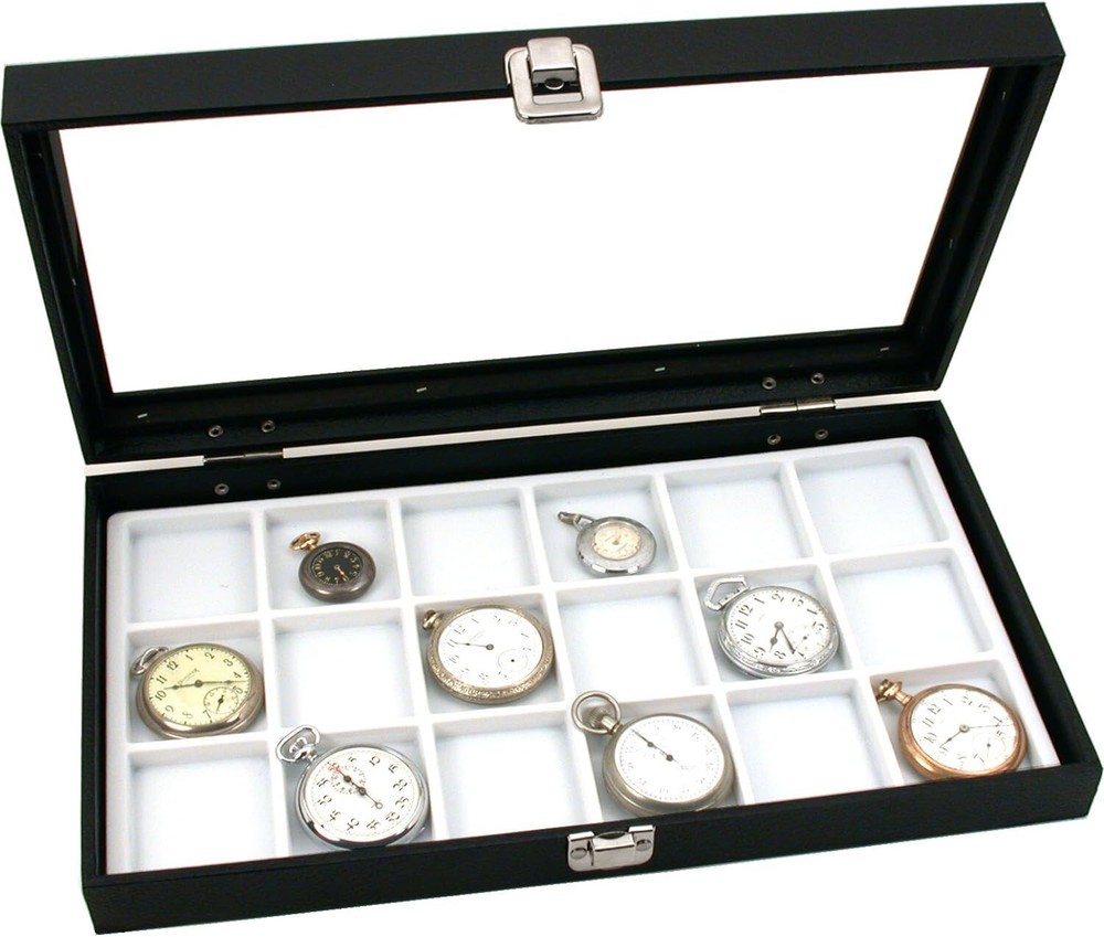 Black Glass Top Display Case Box White 18 Slot Insert