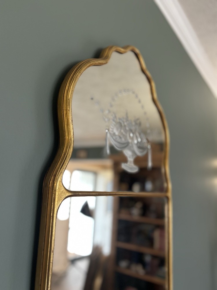 Antique Gilded Renaissance Baroque Arabesque Shaped Mirror with Etching