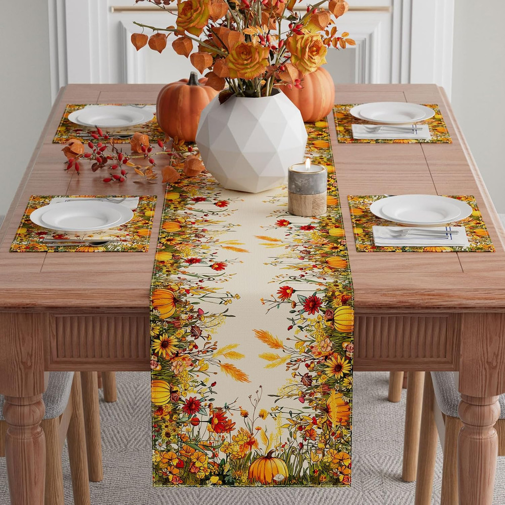 XCHI Fall Color Wild Flowers Pumpkin Table Runner Table Decoration for Kitchen D