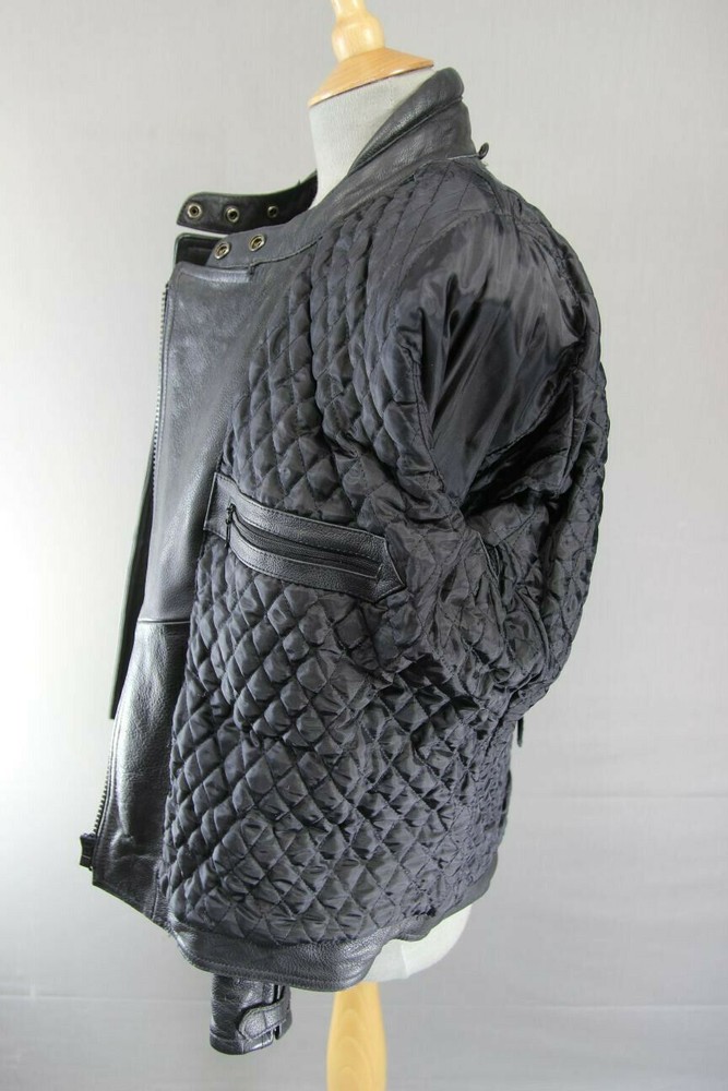 RIDER BLACK LEATHER BIKER JACKET WITH REMOVABLE BACK PROTECTOR, SIZE 16