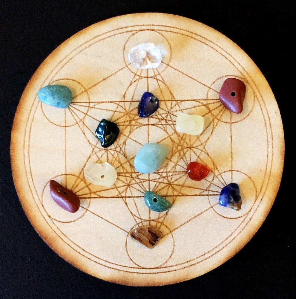 Laser engraved 4.5” Metratrone’s Cube Crystal Grid