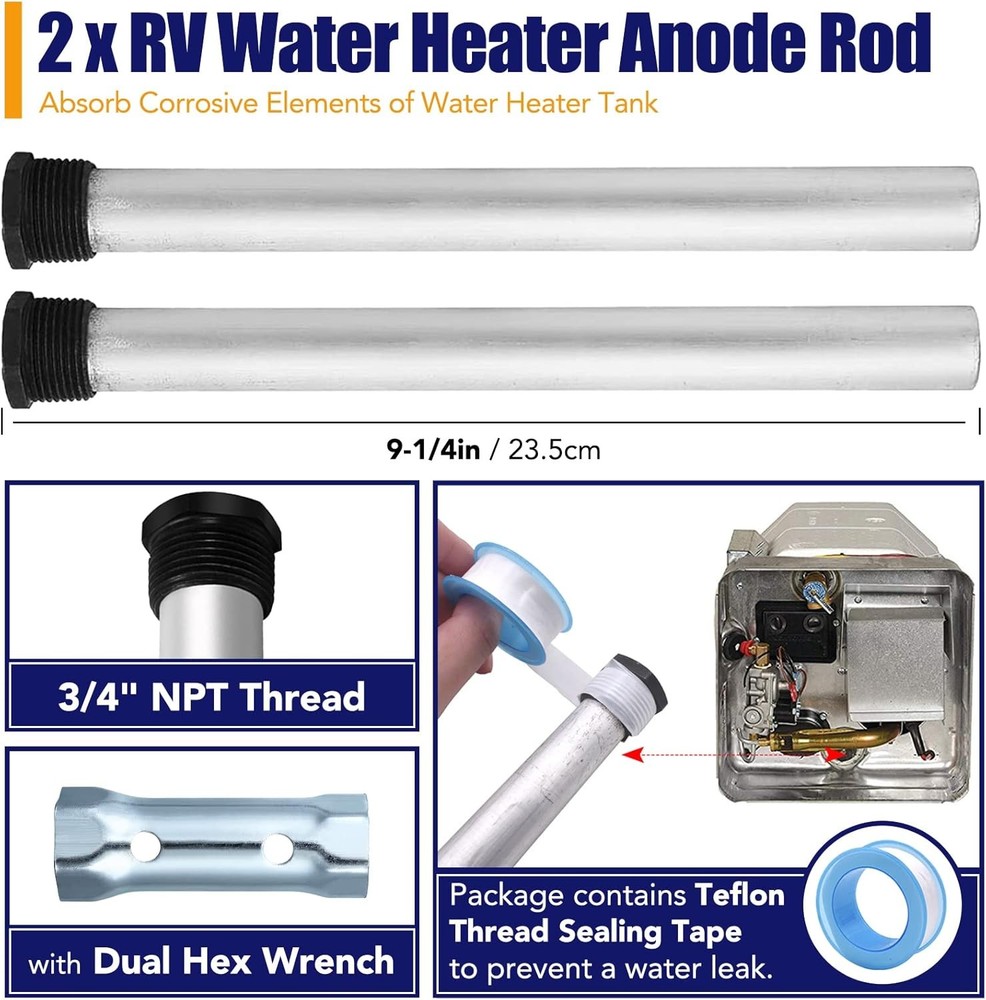 5Pack RV Water Heater Anode Tank Rinser+Anode Rod+Wrench Socket, Multicolor