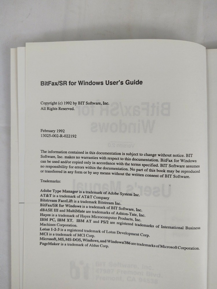 BitFax For Windows Manual + Software 5.25" Floppy Disk Bitfax Windows 3 Ver 2.05