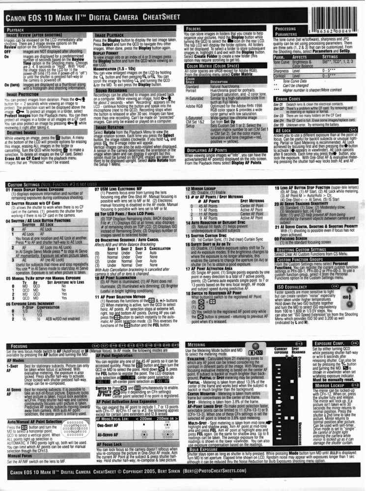 CheatSheet Canon EOS 1D Mk II Laminated Mini Guide