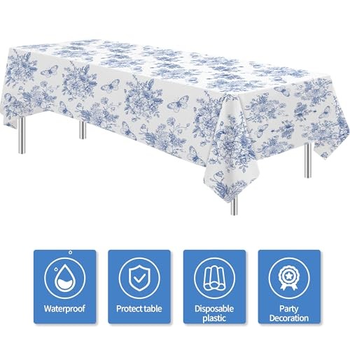Blue and White Floral Party Tablecloth Decorations, 3pcs Disposable Elegant