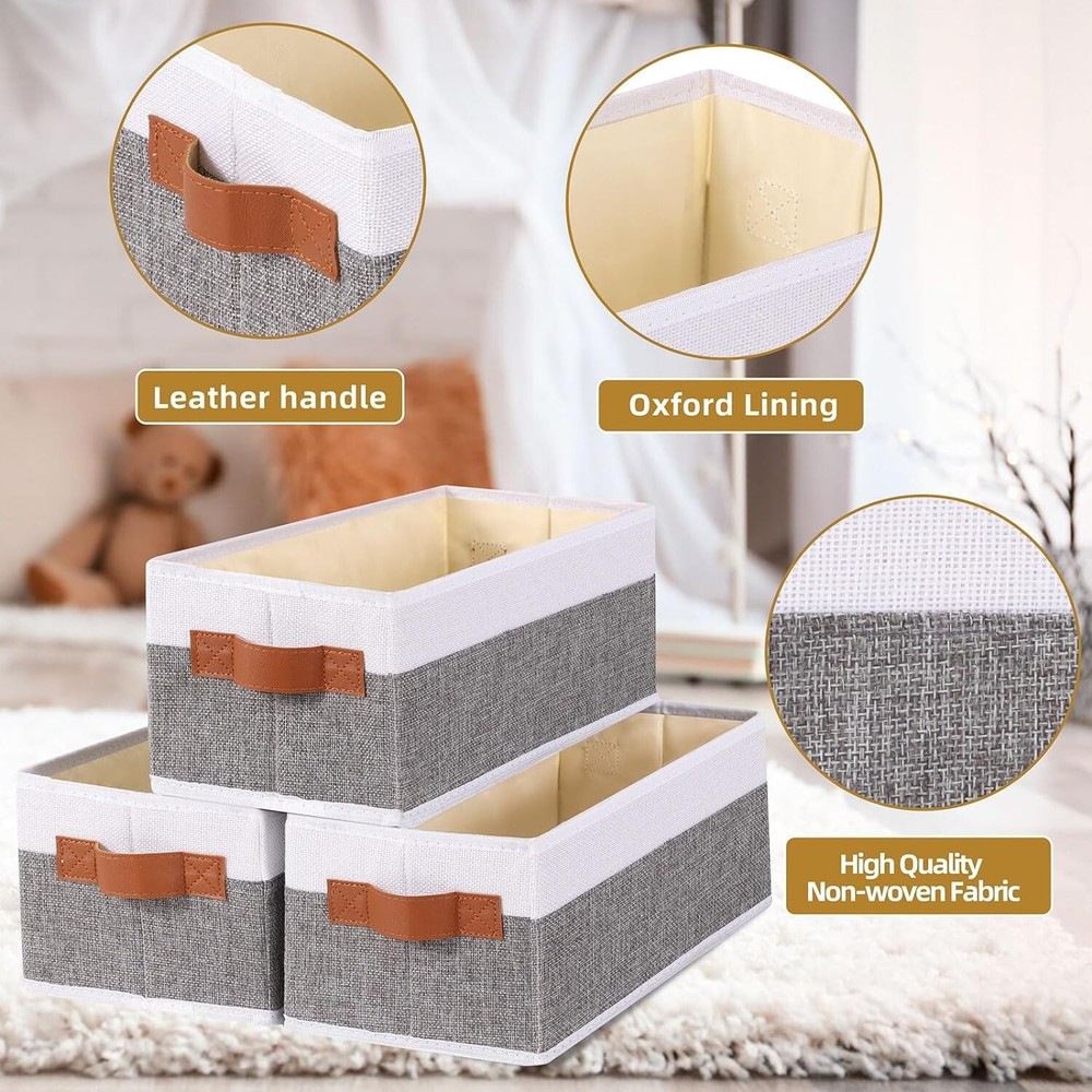Foldable Open Storage Bins - Fabric Storage Containers with Leather Handles