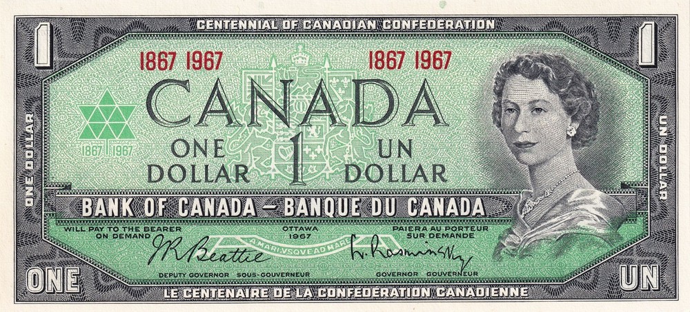 1967 Canada Dollar 1 Dollar Banknote-High Grade Mint with Protective Sleeve V508
