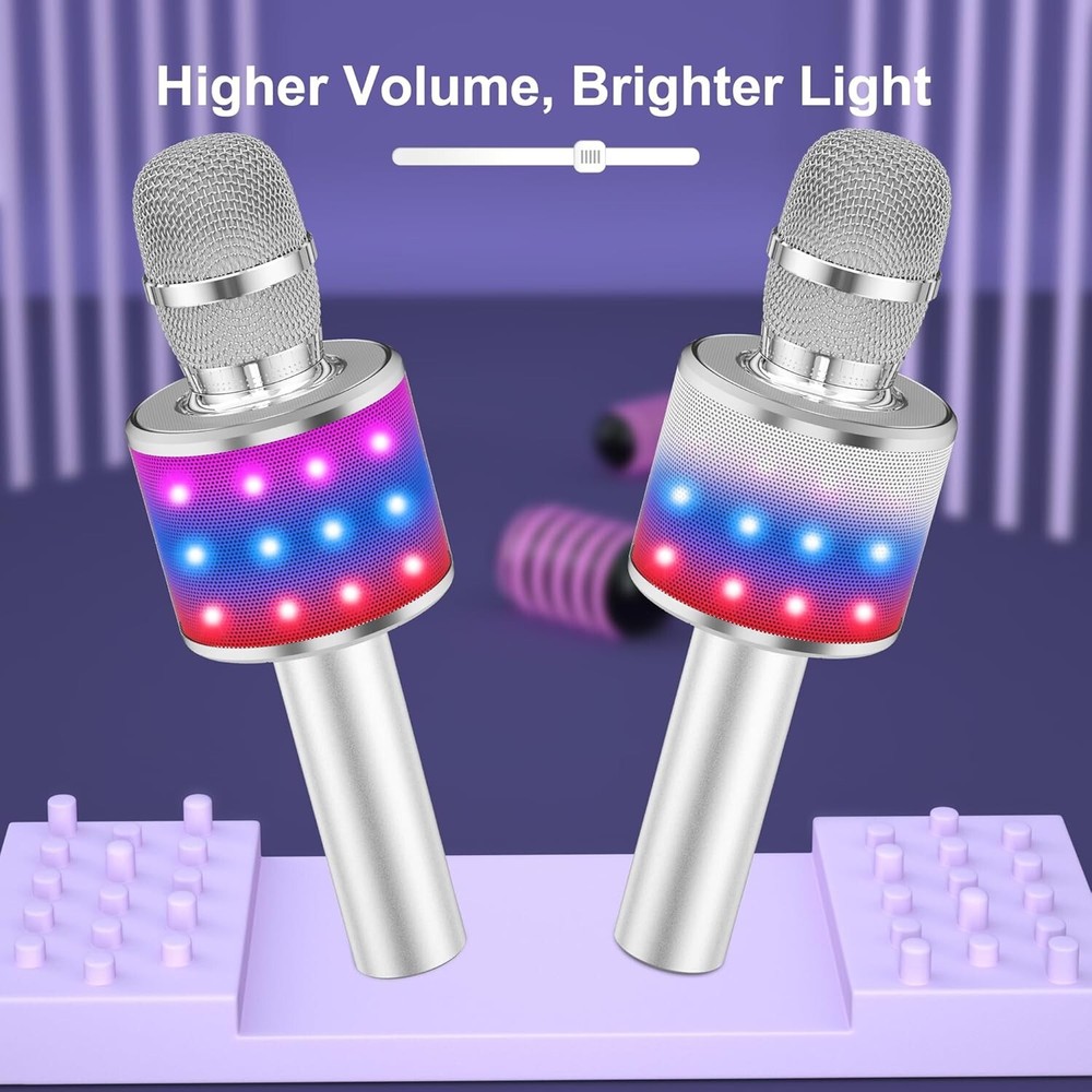 Compact Bluetooth Karaoke Microphone with Colorful LED Lights - Silver Edition