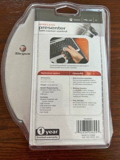 Targus Wireless Presenter With Cursor Control Built In Laser Pointer