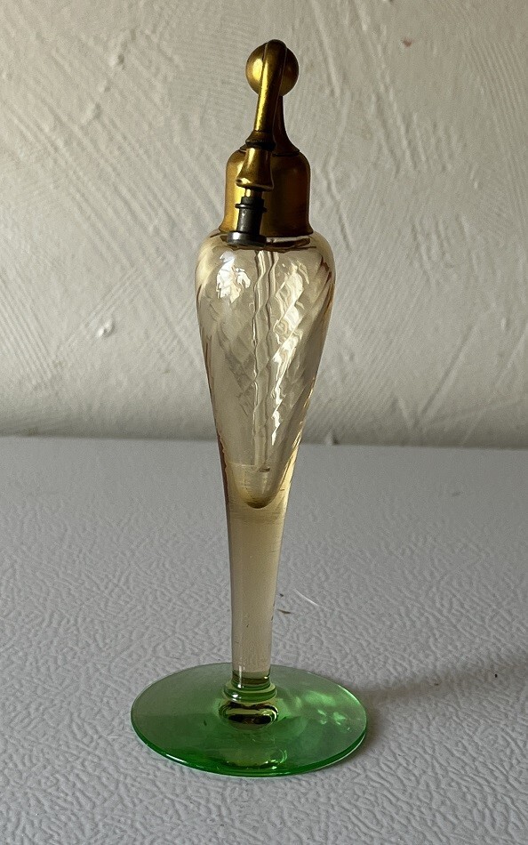 ANTIQUE VASELINE URANIUM GLASS PERFUME ATOMIZER BOTTLE