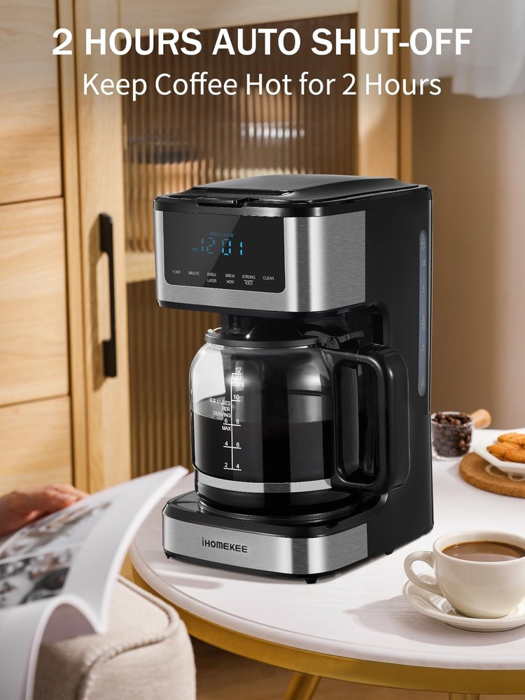 Ihomekee Coffee Maker, Programmable Drip Large 12 Cups, Black,Silver
