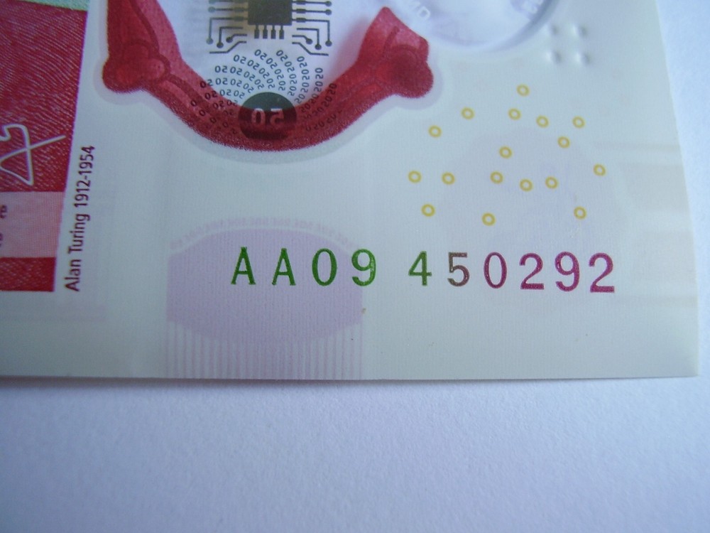 LOW AA09 £50 Plastic Polymer Twenty Pound Note AA Prefix AA09 450292 ALAN TURING