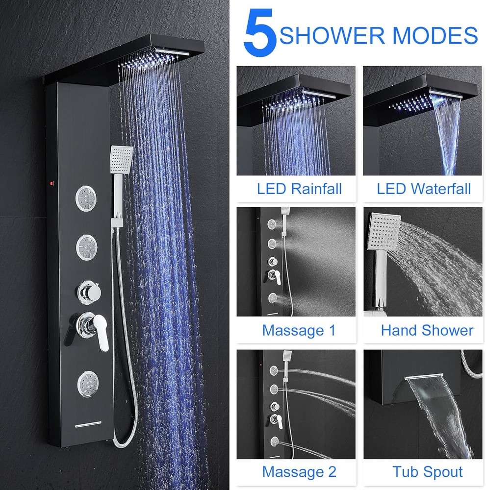 Multi-Function LED Lights Shower Panel System Black, 5 in 1 Shower Panel Include