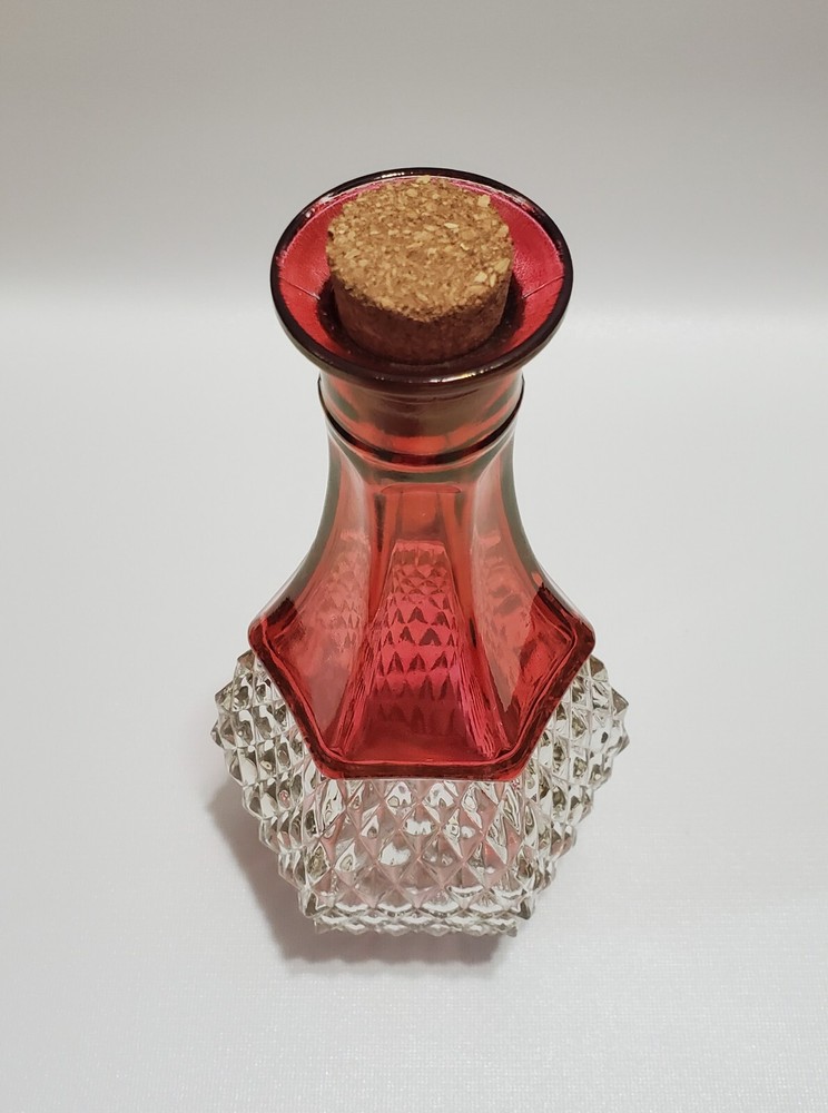 Vintage Indiana Glass, Ruby Flashed Diamond Point Clear Decanter, Cork Stopper