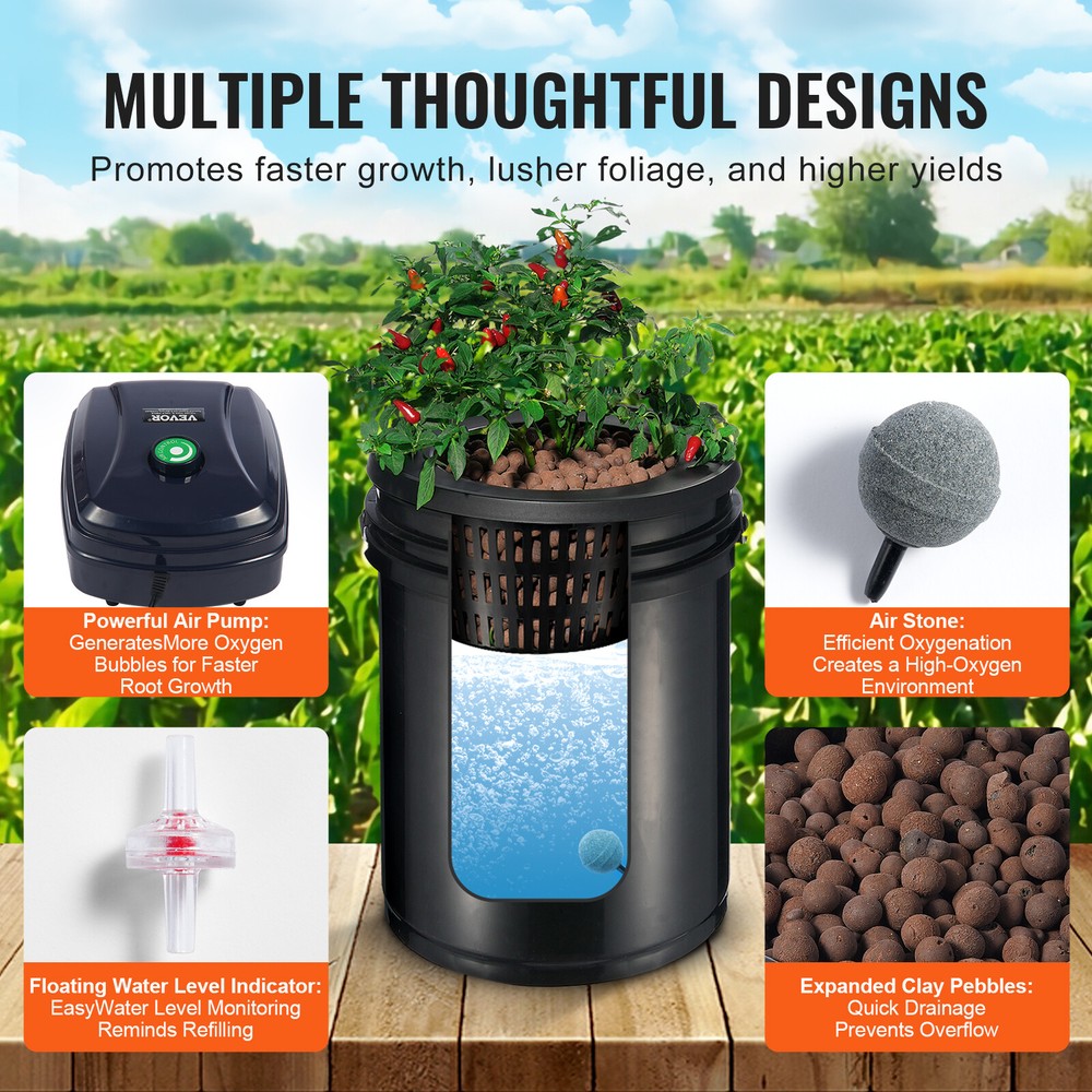 RDWC Hydroponics System Recirculating Deep Water Culture 4 Buckets 5 Gal