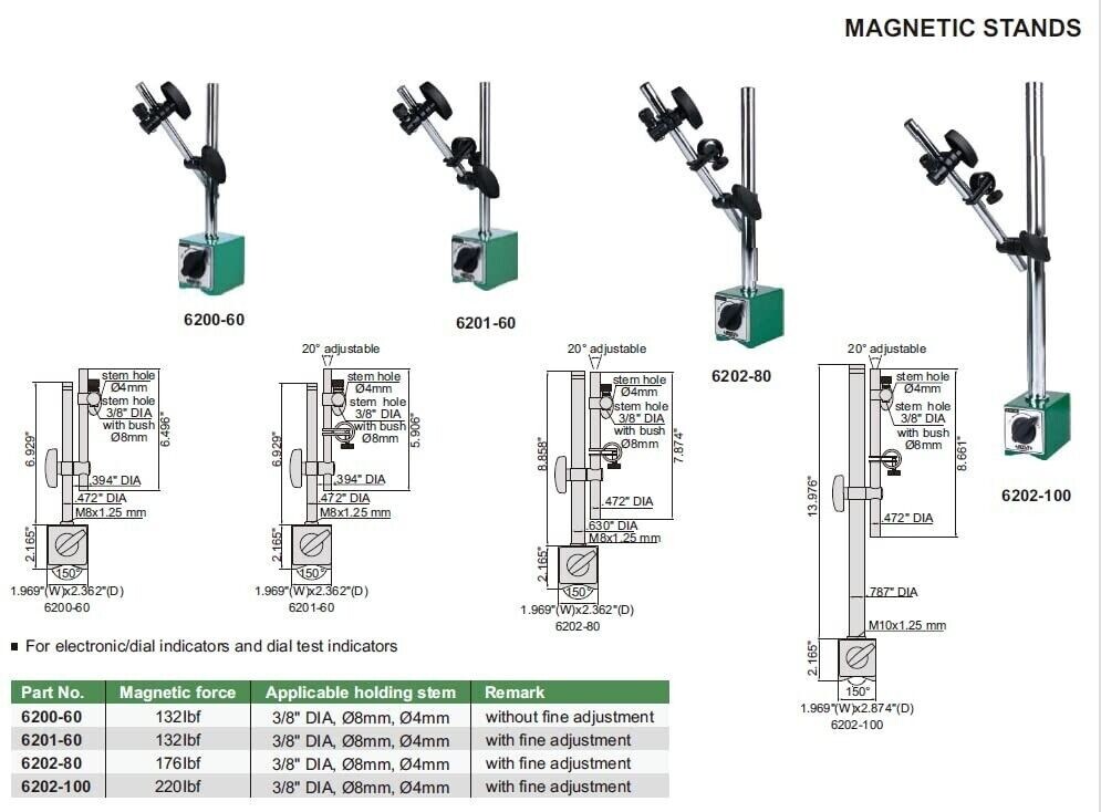 Insize 6201-60 Universal Magnetic Stand For Digital/Dial & Dial Test Indicators