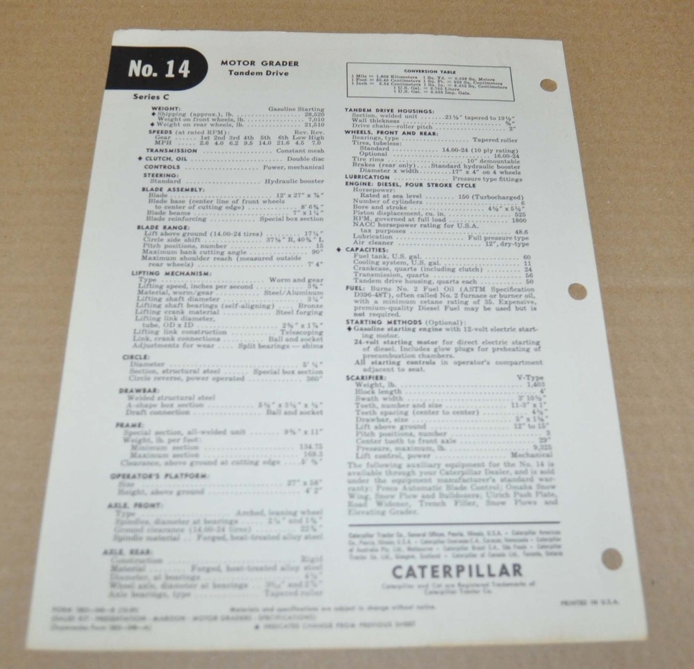 1959 Caterpillar 14 Motor Grader Specification Brochure Prospekt