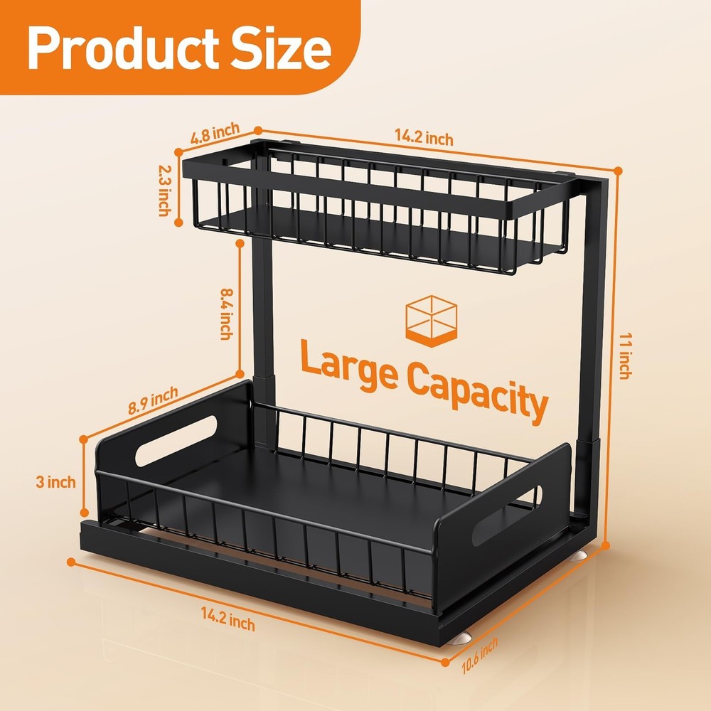 Under Sink Organizer 2 Pack,Metal Pull Out Cabinet Organizer Shelf,Kitchen Ba...