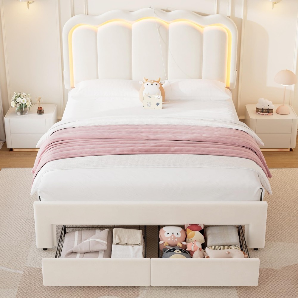 Full Upholstered LED Bed Frame with 2 Storage Drawers and Adjustable Chic Dou...