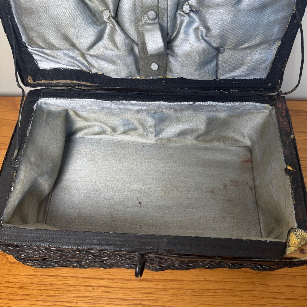 Vintage Black Wicker Sewing Kit Notions Case Handle Clasp Satin lined