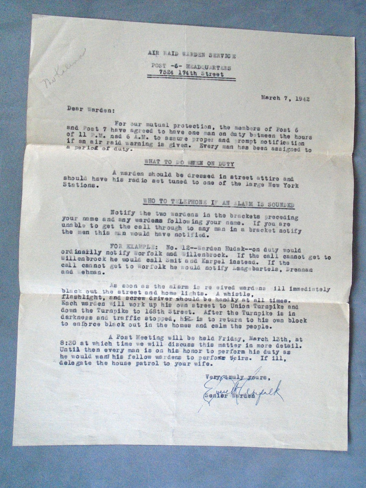 Air Raid Warden Service 1942 instruction sheet to wardens