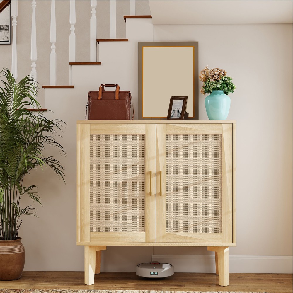 Buffet Cabinet With Rattan Decor Doors Solid Wood Feet Multifunctional DHEW